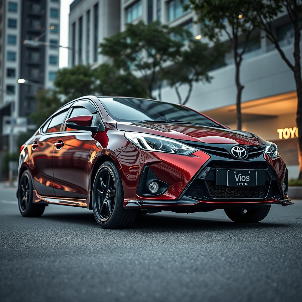 A modified second-generation Toyota Vios featuring a striking ground clearance of 205 mm, emphasizing its sporty and elevated design