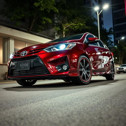 A modified second-generation Toyota Vios featuring a striking ground clearance of 205 mm, emphasizing its sporty and elevated design