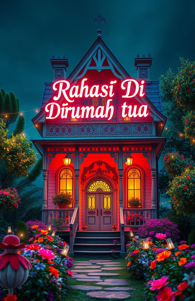 A bright, inviting haunted house with an air of mystery, showcasing intricate architectural details and bright colors that contrast with its eerie theme