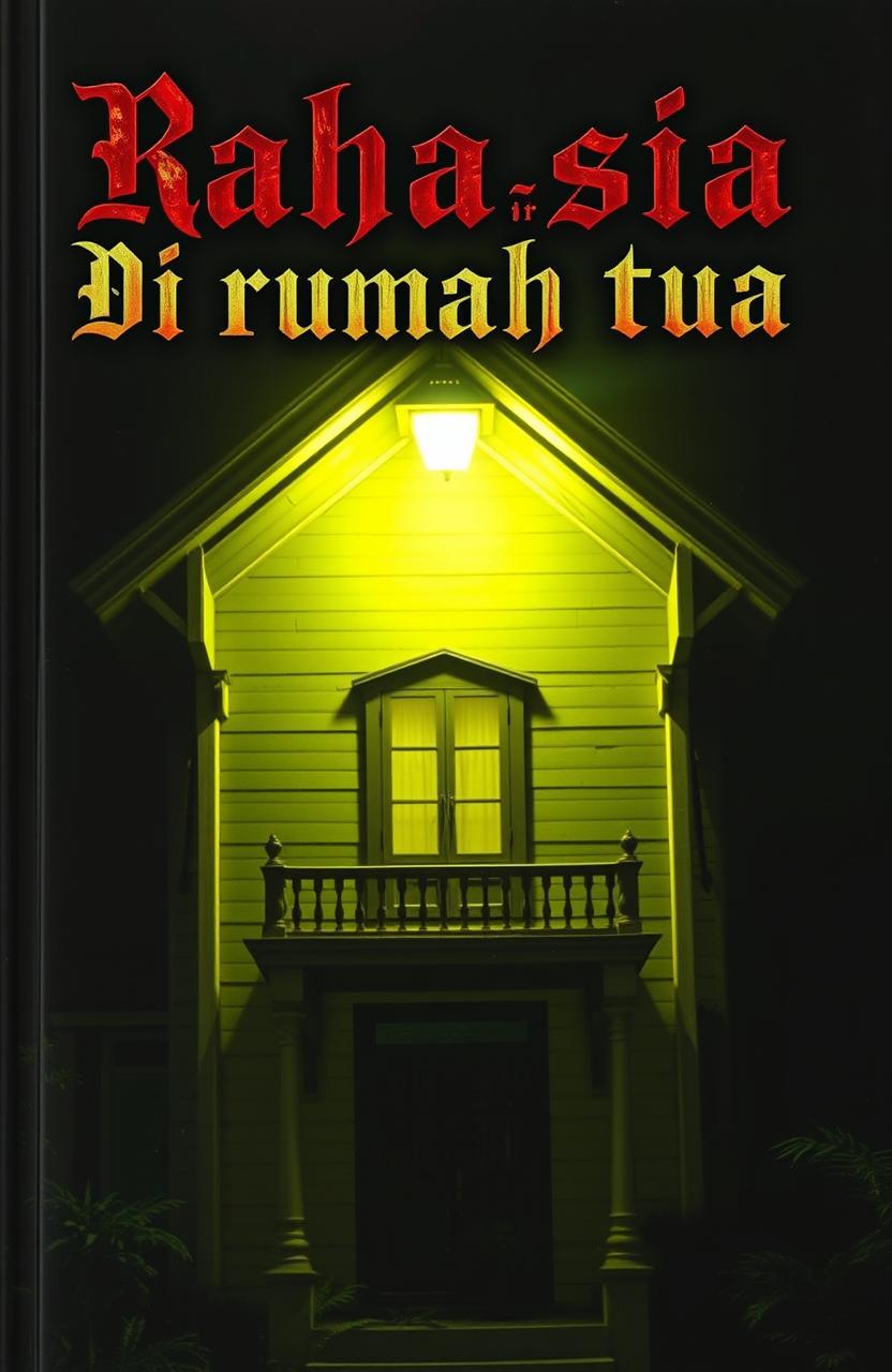 A bright haunted house illuminated by a yellow lamp, showcasing its eerie architectural features, such as creaky wooden frames and weathered paint