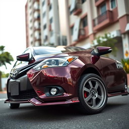 A modified second-generation Toyota Vios featuring an impressive ground clearance of 205 mm, highlighting its sporty and elevated profile