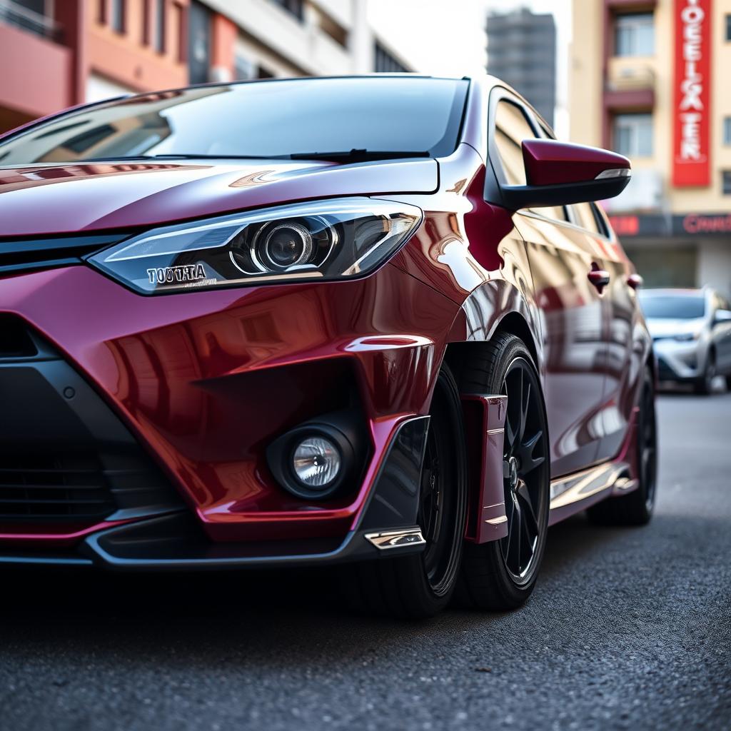 A modified second-generation Toyota Vios featuring an impressive ground clearance of 205 mm, highlighting its sporty and elevated profile