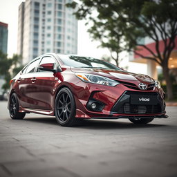 A modified second-generation Toyota Vios featuring an impressive ground clearance of 205 mm, highlighting its sporty and elevated profile
