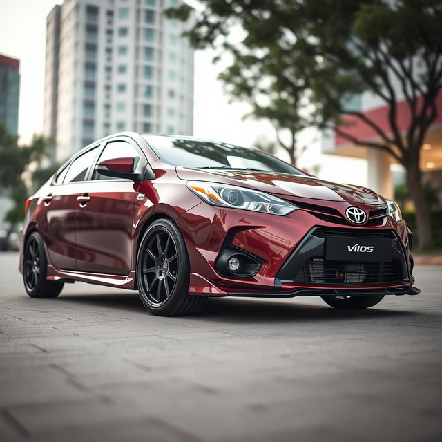 A modified second-generation Toyota Vios featuring an impressive ground clearance of 205 mm, highlighting its sporty and elevated profile