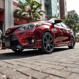 A modified second-generation Toyota Vios featuring an impressive ground clearance of 205 mm, highlighting its sporty and elevated profile