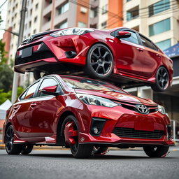 A modified second-generation Toyota Vios featuring an impressive ground clearance of 205 mm, showcasing its sporty and elevated profile