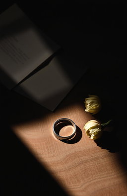 A symbolic representation of divorce featuring a broken wedding ring on a wooden table, scattered love letters in the background, and a single wilted flower beside it