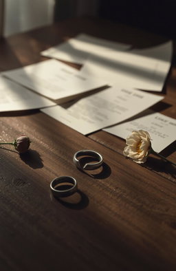 A symbolic representation of divorce featuring a broken wedding ring on a wooden table, scattered love letters in the background, and a single wilted flower beside it
