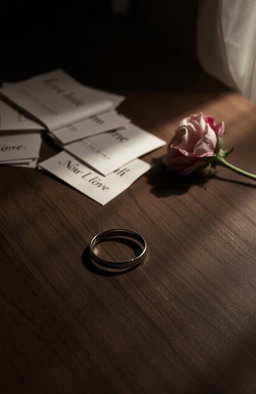 A symbolic representation of divorce featuring a broken wedding ring on a wooden table, scattered love letters in the background, and a single wilted flower beside it