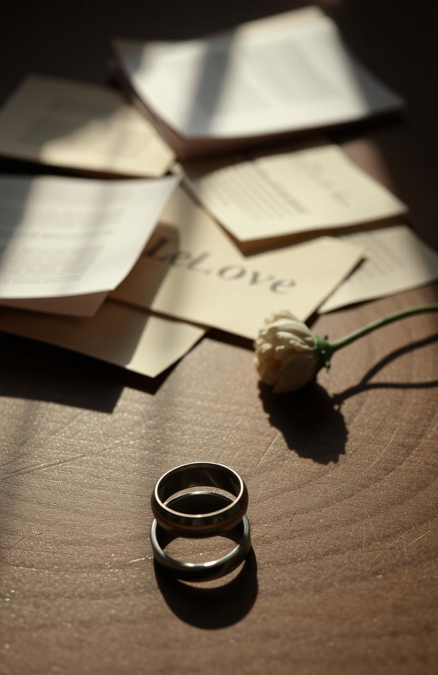 A symbolic representation of divorce featuring a broken wedding ring on a wooden table, scattered love letters in the background, and a single wilted flower beside it