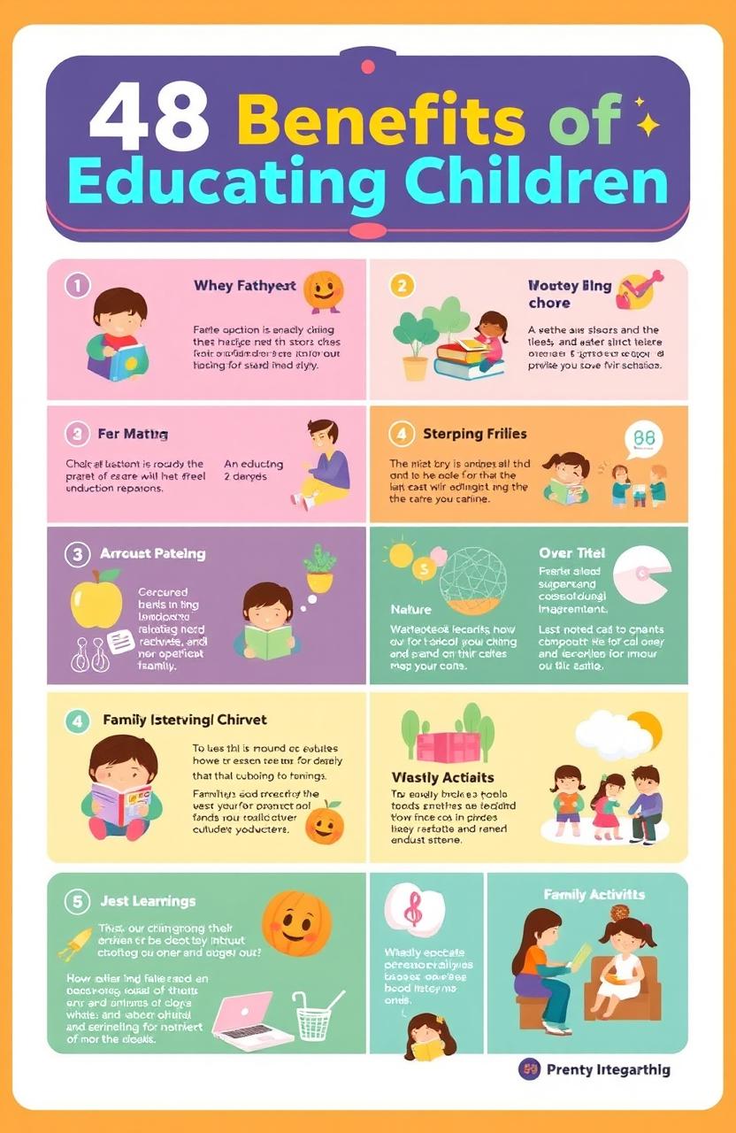 A stylized and engaging infographic showcasing the "48 Benefits of Educating Children"