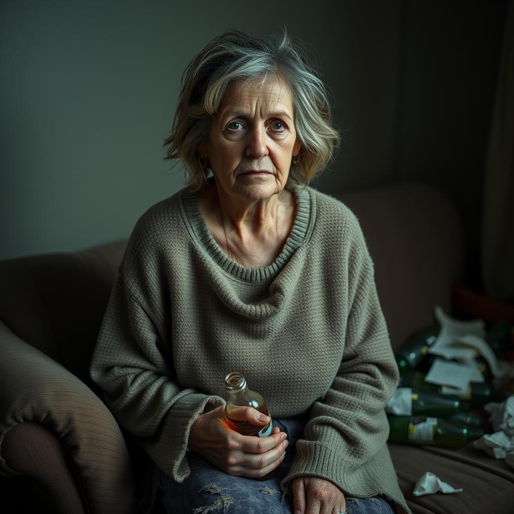 A portrait of a middle-aged woman with disheveled hair, sitting on the edge of a shabby sofa in a dimly lit room