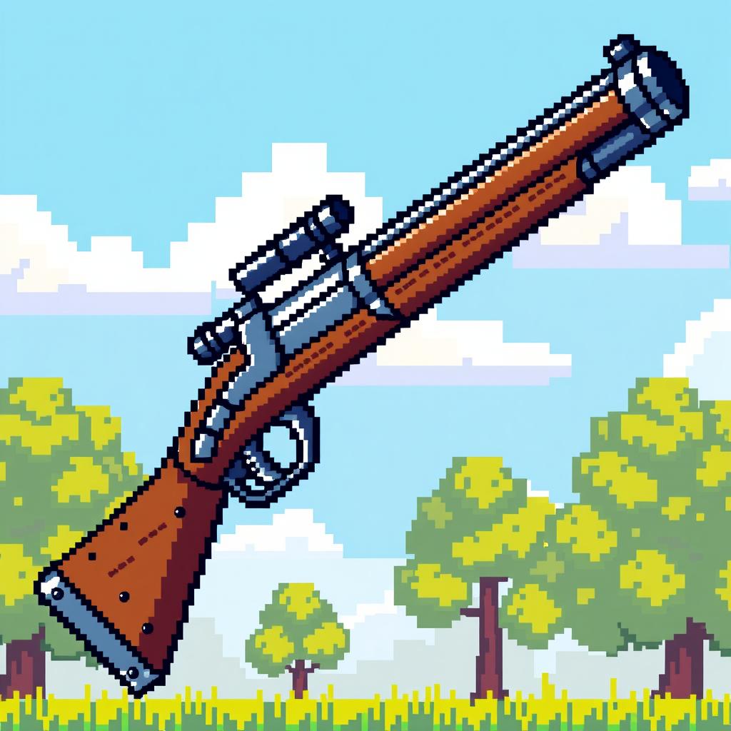 A pixelated musket in a vibrant retro 8-bit style, showcasing a lot of visible pixels