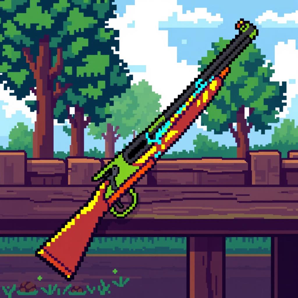 A highly pixelated musket, filled with vibrant colors and a retro aesthetic, resembling early computer graphics