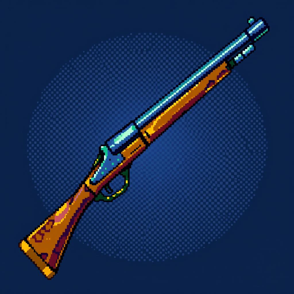 A highly detailed pixelated illustration of a musket, showing a myriad of colors and textures creating a vibrant, blocky effect