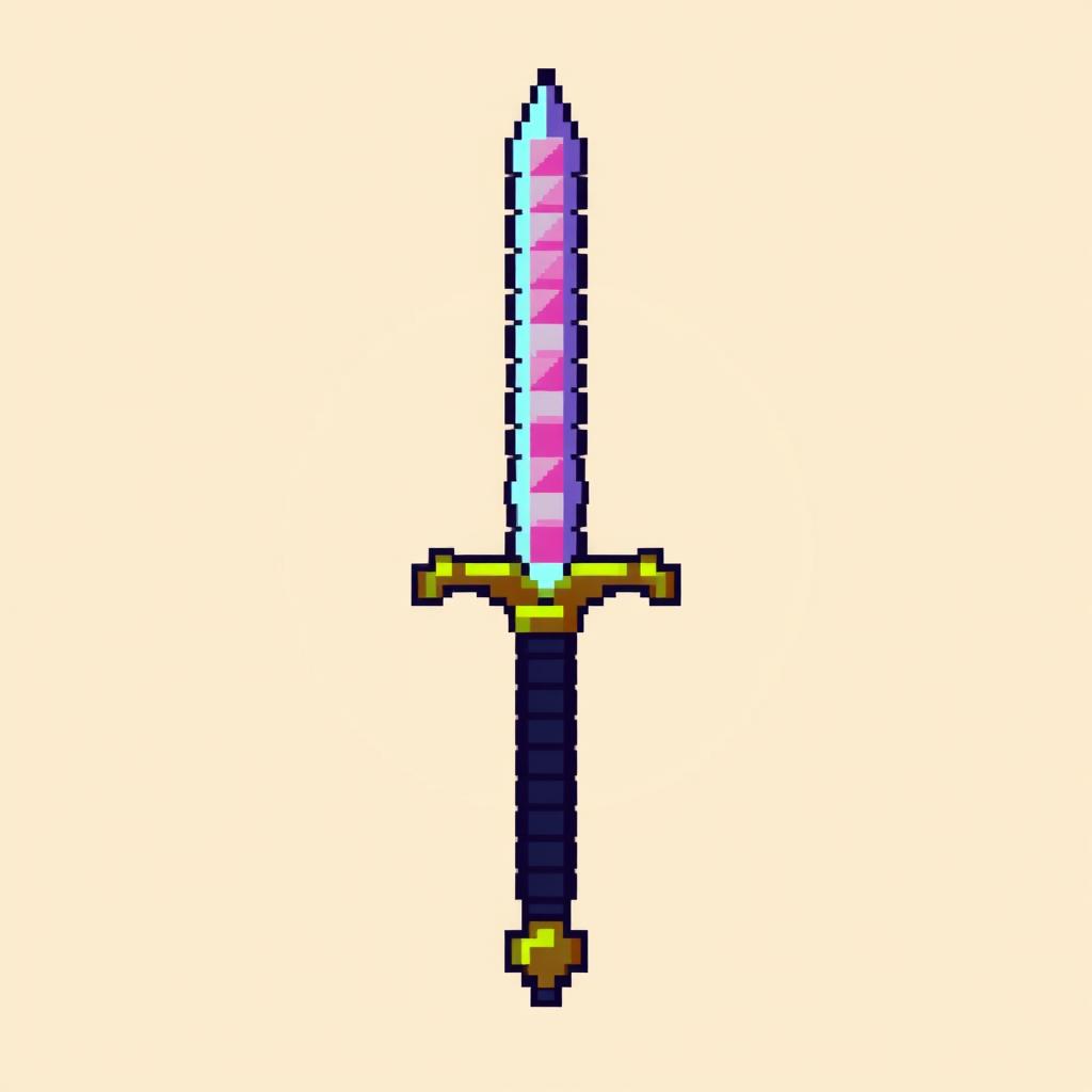 A highly pixelated sword, resembling retro video game graphics with a blocky and colorful design, showcasing vibrant hues and many square pixels