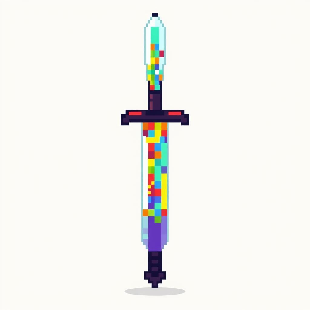 A large, pixelated sword made up of numerous vibrant and colorful pixels, standing upright on a plain, contrasting background