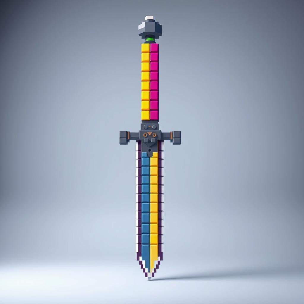 A large, pixelated sword made of numerous square pixels, showcasing a vibrant and colorful design
