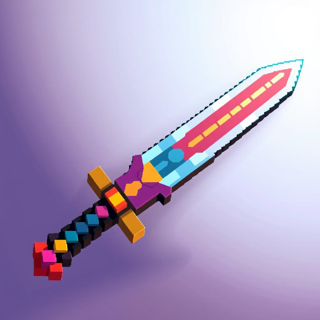 A close-up view of a large, pixelated sword, with vibrant colors and exaggerated pixelation making it appear as though it is crafted from individual blocks