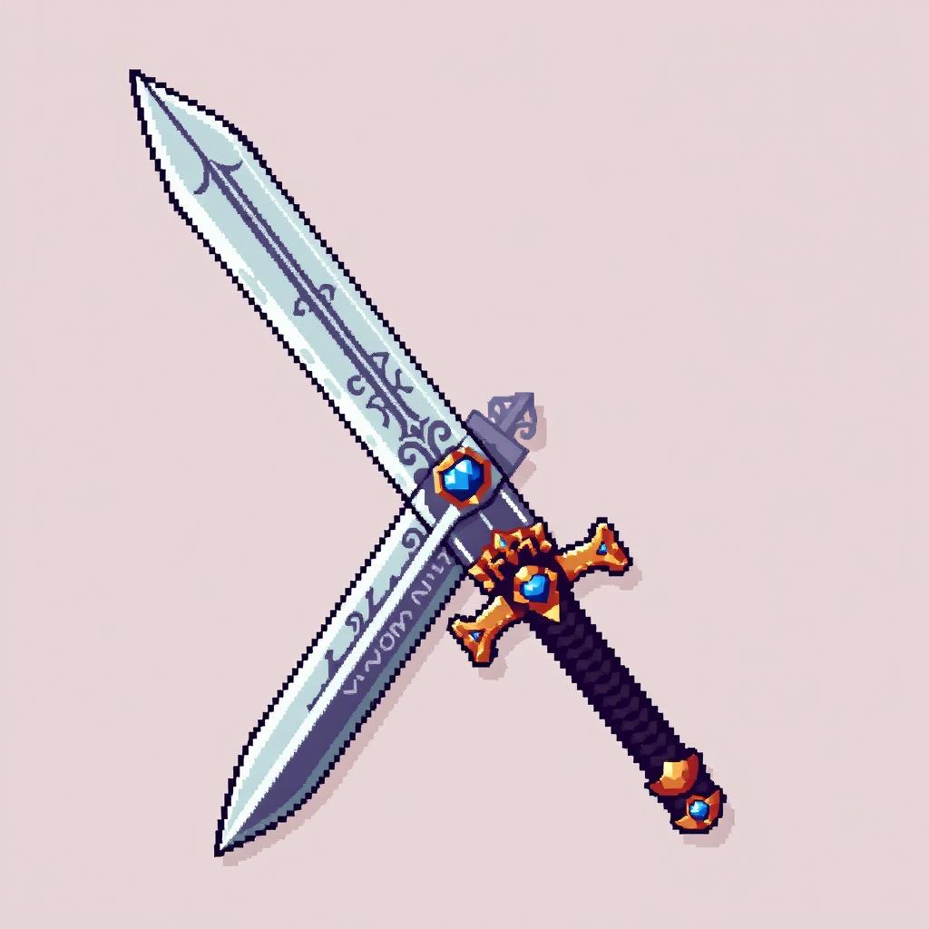 A highly pixelated medieval sword, showcasing a robust and ornate design typical of the medieval era