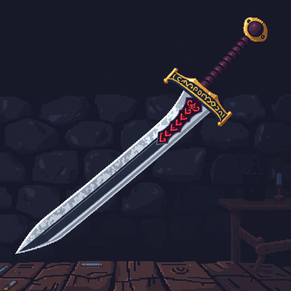 A highly detailed pixel art representation of a medieval sword, featuring a long blade with a slightly curved edge, intricate hilt design, and a pommel