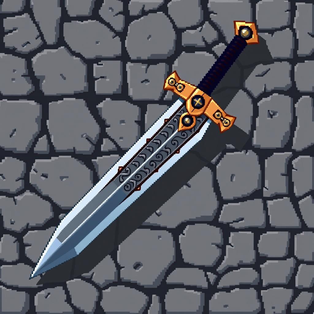 A highly detailed pixelated medieval sword, featuring a broad, double-edged blade with ornate engravings running along its length