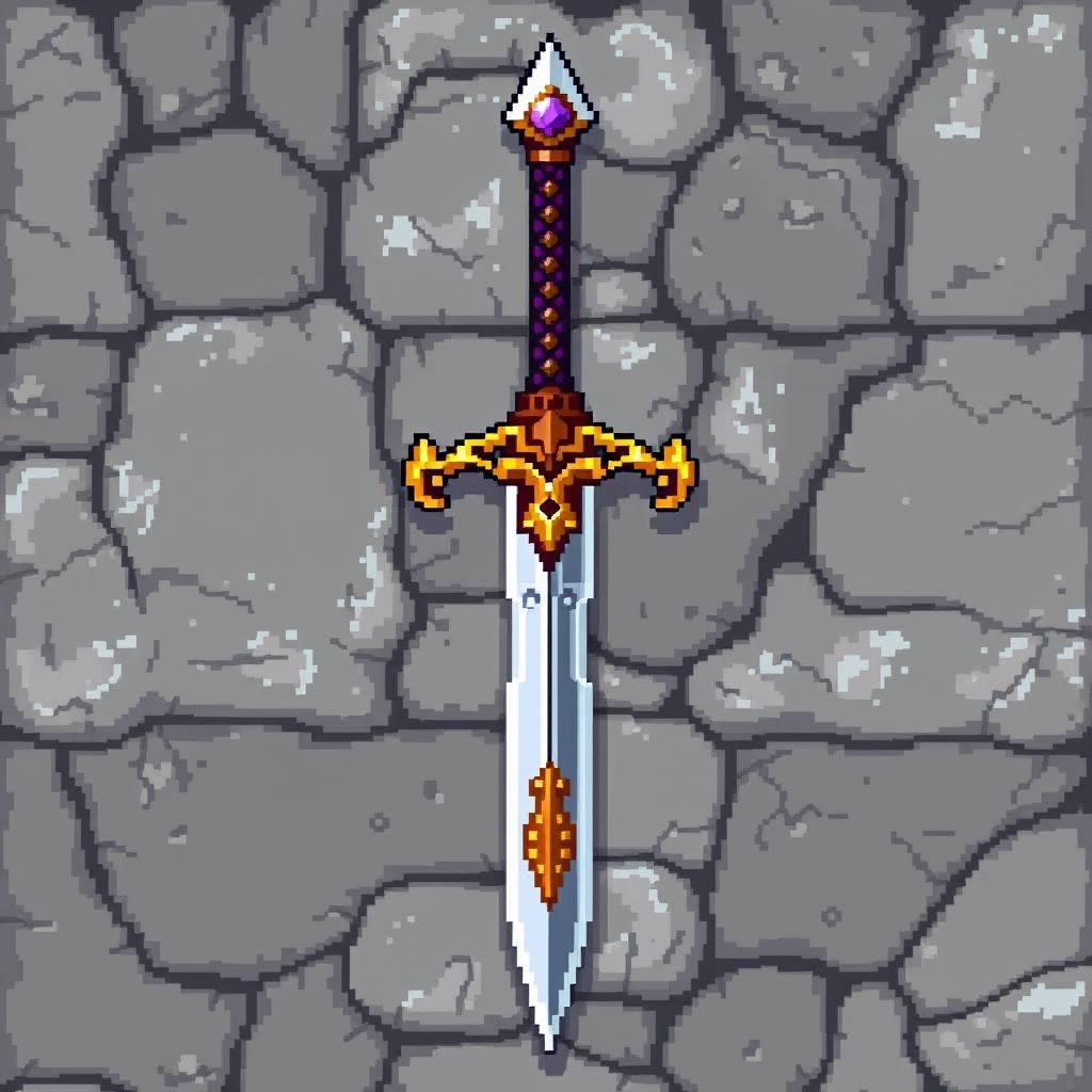 A highly detailed pixelated medieval sword, adorned with intricate designs on the hilt and blade, featuring a sharp edge and a rich metallic sheen