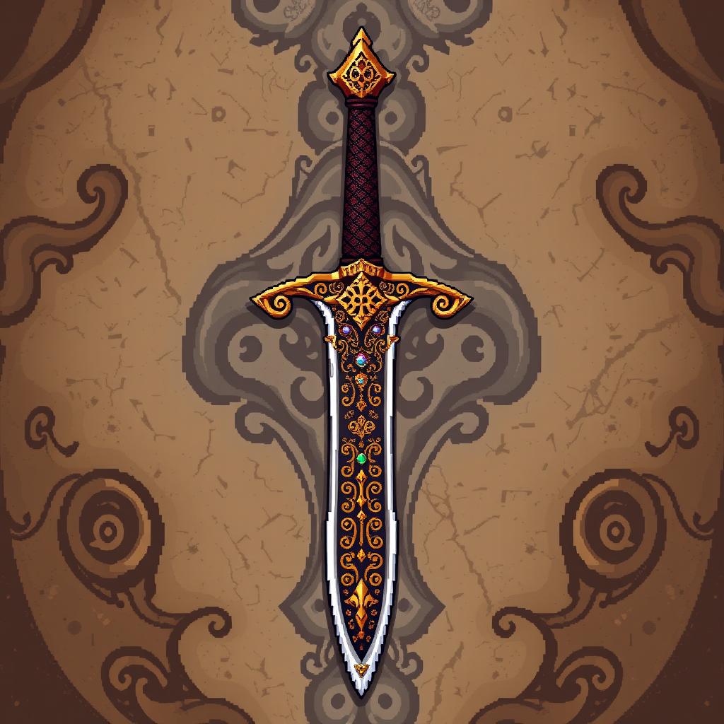 A detailed pixelated illustration of a Russo-Turkic sword, showcasing a blend of intricate designs influenced by both Russian and Turkic cultures