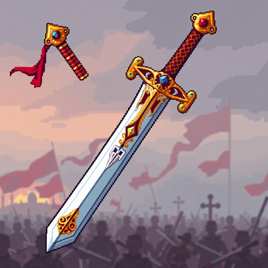 A detailed pixelated representation of a Russo-Turkic sword, showcasing intricate designs and embellishments typical of historical weaponry