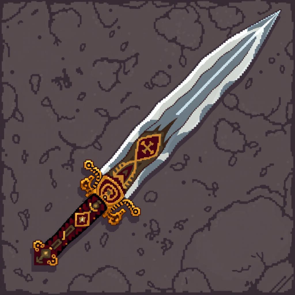 A detailed pixelated representation of a Russo-Turkik sword, showcasing intricate patterns and ornate designs typical of ancient weaponry