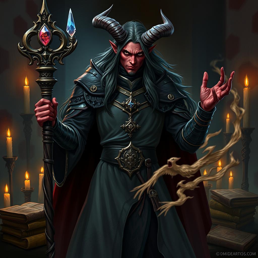 A male tiefling necromancer with long flowing hair, dressed in elegant, noble knight attire