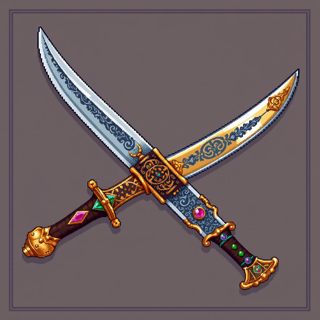 A detailed pixelated representation of a Russo-Turkic old sword, showcasing elements of both cultures in its design