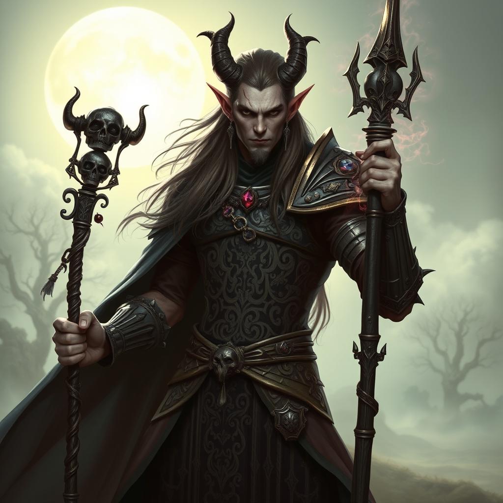 A male tiefling necromancer with striking features, long and flowing hair, wearing ornate armor with dark, intricate patterns that evoke a sense of mystery and power