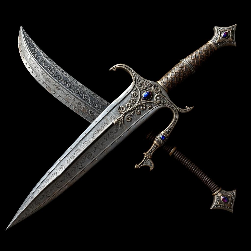 A highly detailed and pixelated image of an ancient Russo-Turkic sword, featuring intricate engravings and a beautifully designed hilt