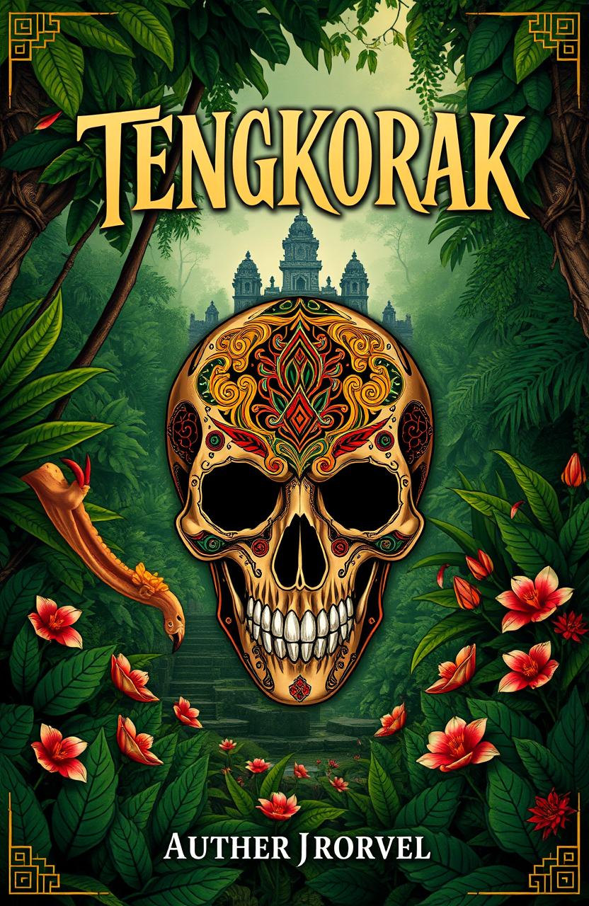 A novel cover design featuring a beautifully detailed illustration of a human skull, or 'tengkorak', set in a lush Indonesian jungle environment