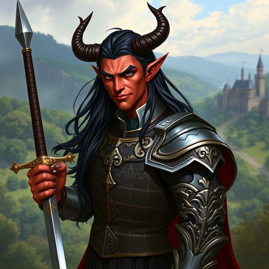 A male tiefling with long, flowing hair, elegantly dressed in ornate armor, standing proudly with a shining sword in hand