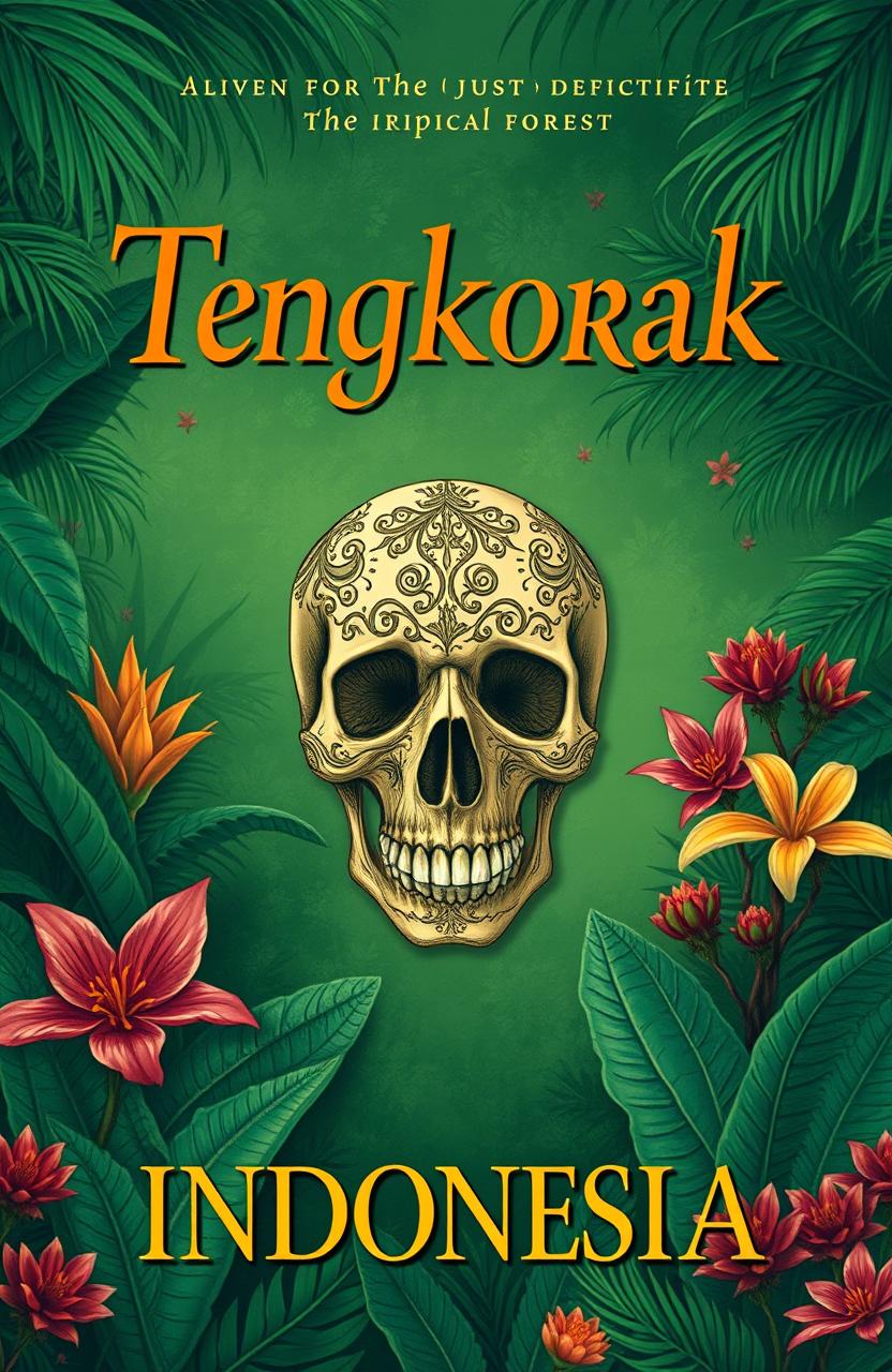 A captivating book cover design featuring a detailed illustration of a human skull, or 'tengkorak,' placed against a lush, green backdrop of Indonesia's tropical forests