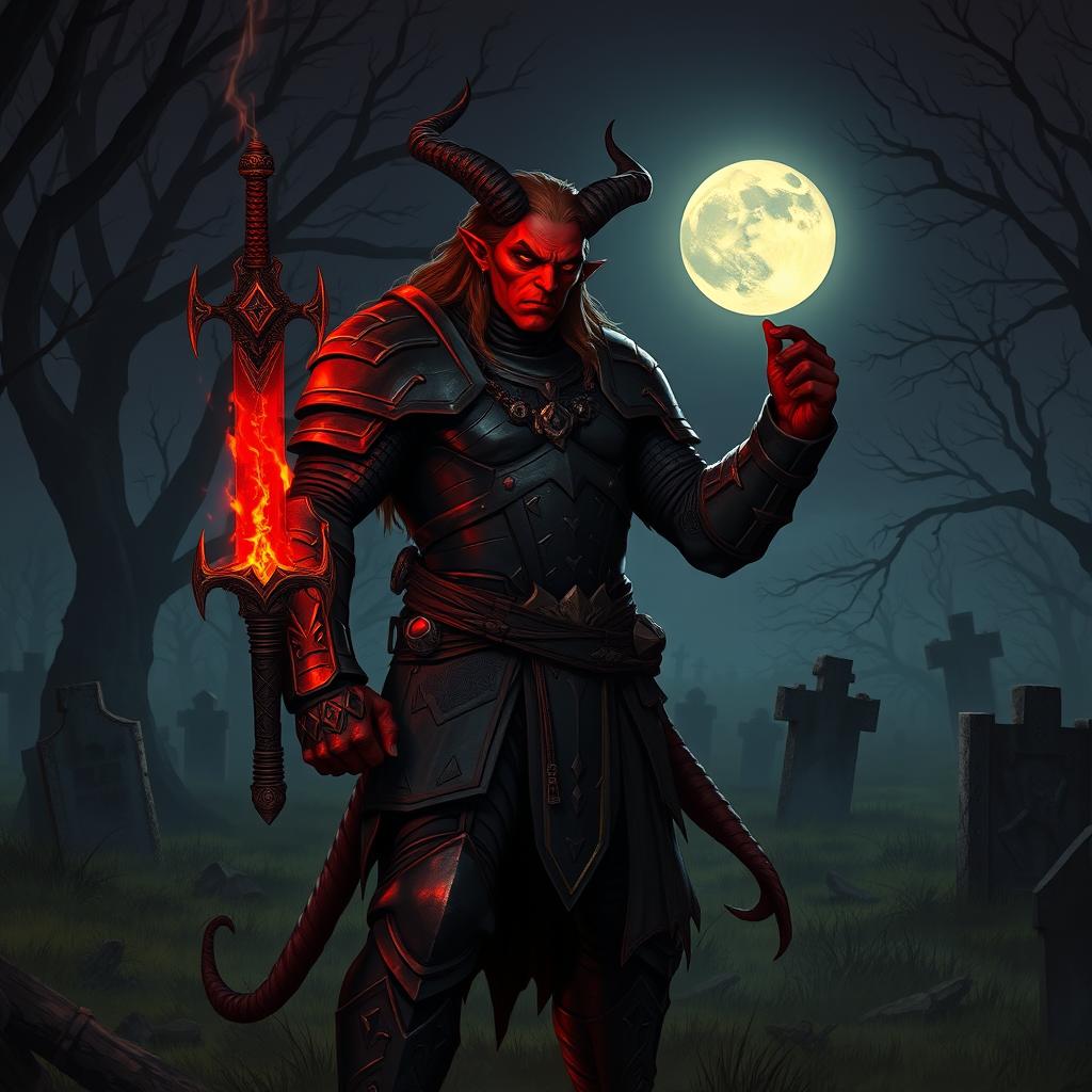 A strong male red tiefling from Dungeons & Dragons standing in a dark cemetery at night