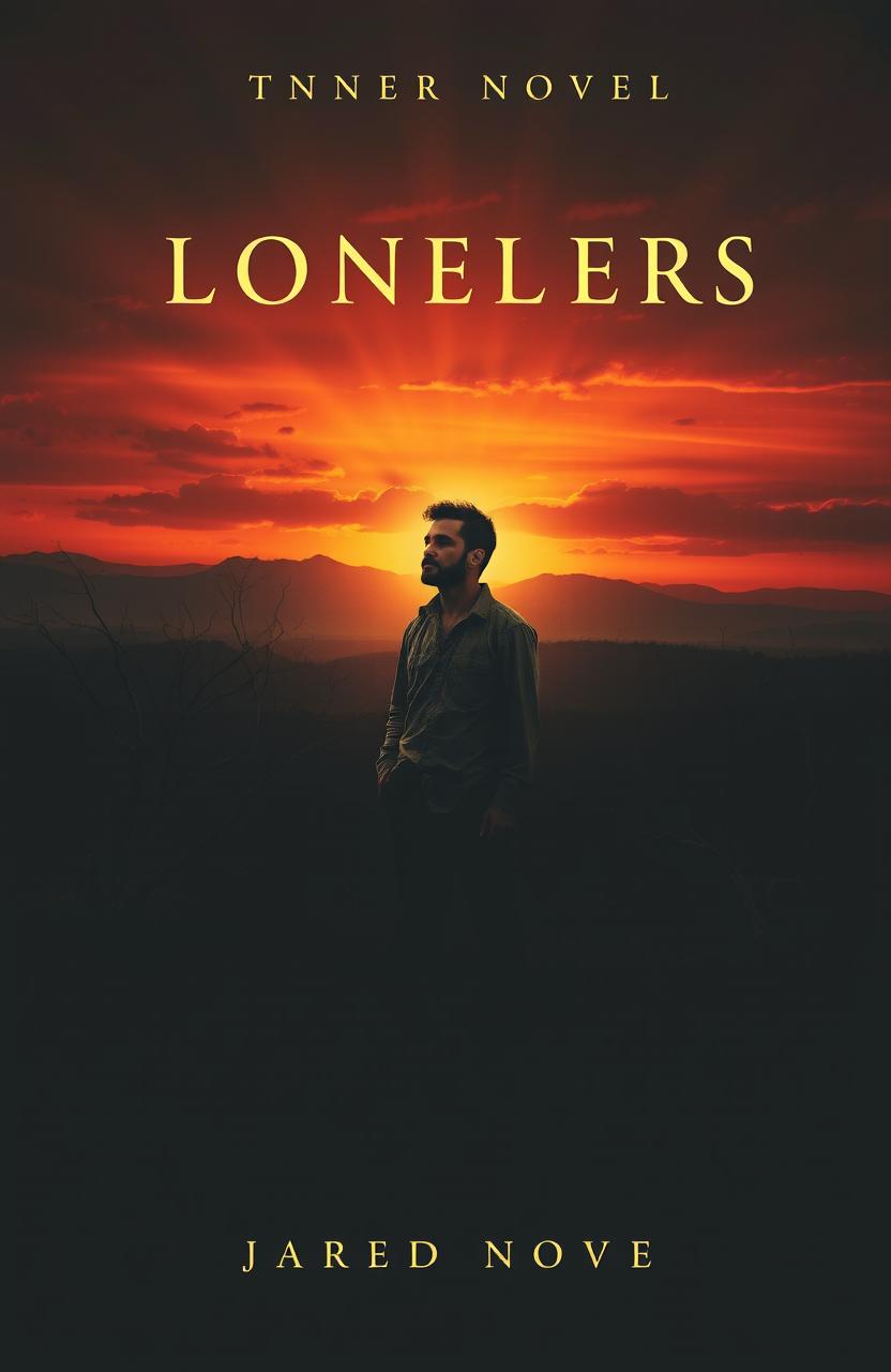 A book cover design featuring a solitary man standing in a desolate landscape at sunset, embodying themes of loneliness, inner wounds, and faint hope