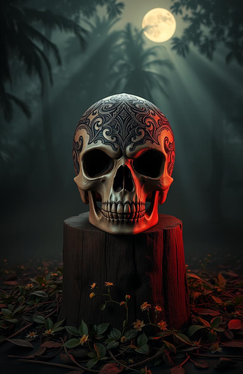 A dramatic and eerie scene showcasing a detailed human skull, intricately carved with traditional Indonesian patterns, sitting atop a weathered wooden pedestal
