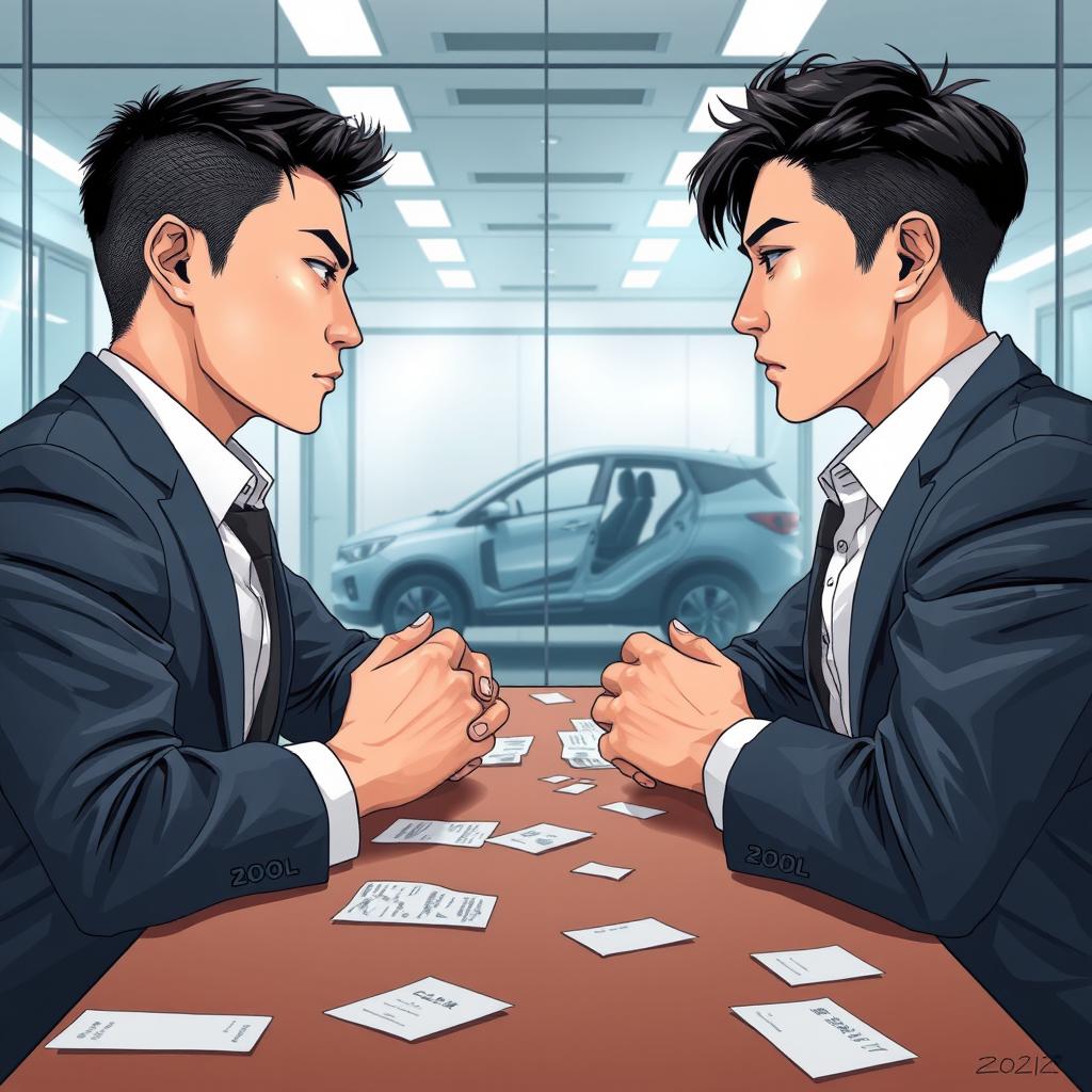 Two Korean men facing each other, both with their hands resting on an office desk