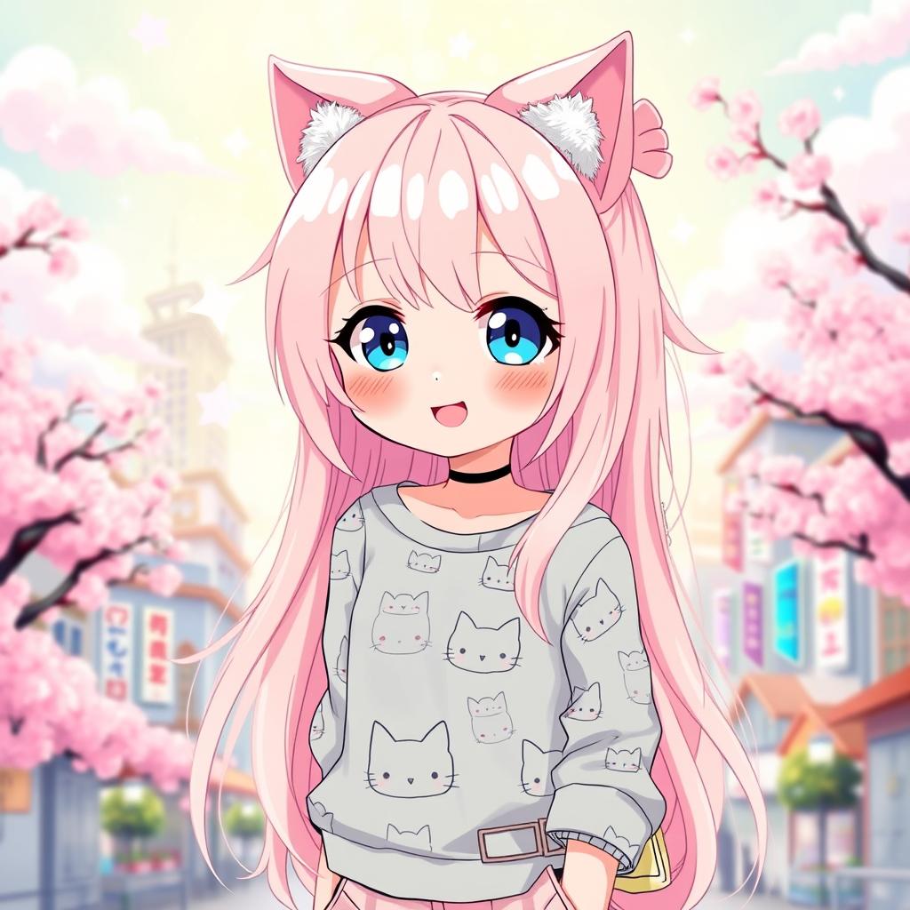 A cute anime girl with long, flowing pastel pink hair and big sparkling blue eyes, wearing trendy casual clothing that features adorable cat patterns
