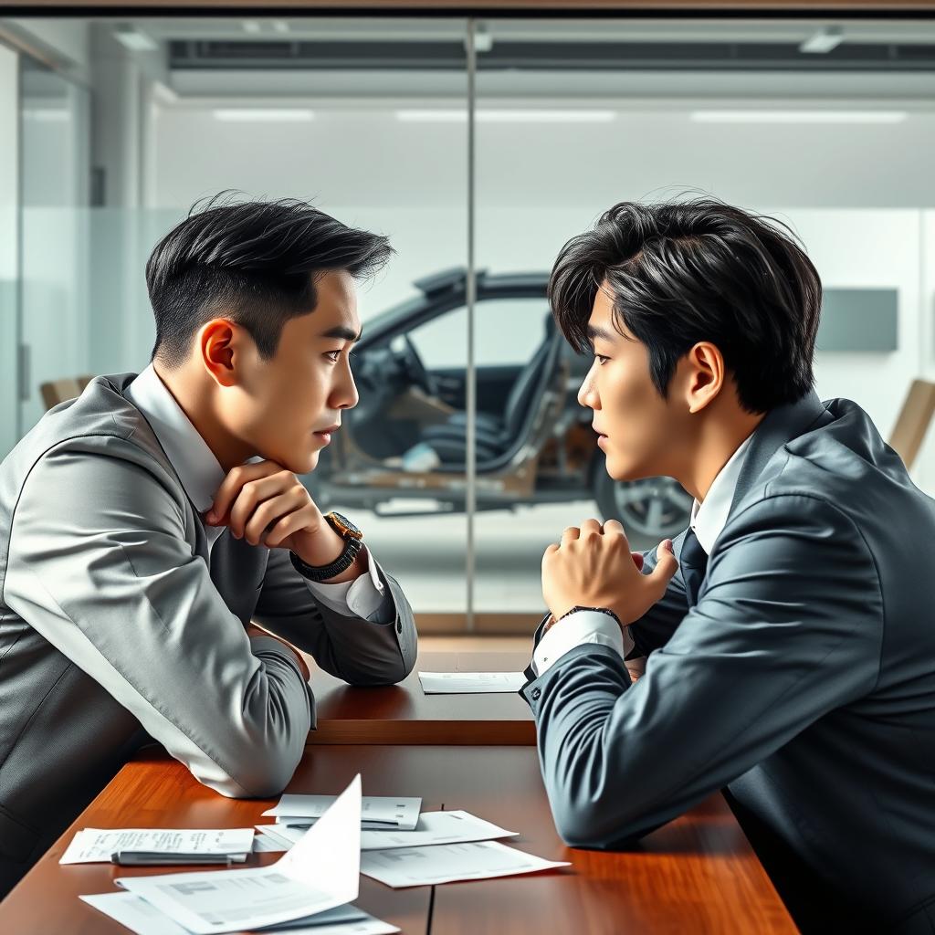 Two Korean men facing each other, both leaning on an office desk with their hands resting on it