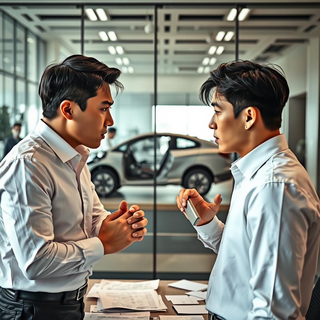 Two Korean men standing facing each other, both with their hands resting on an office desk