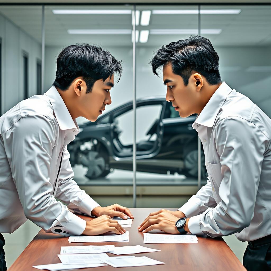 Two Korean men standing facing each other, both leaning forward with their hands resting on an office desk