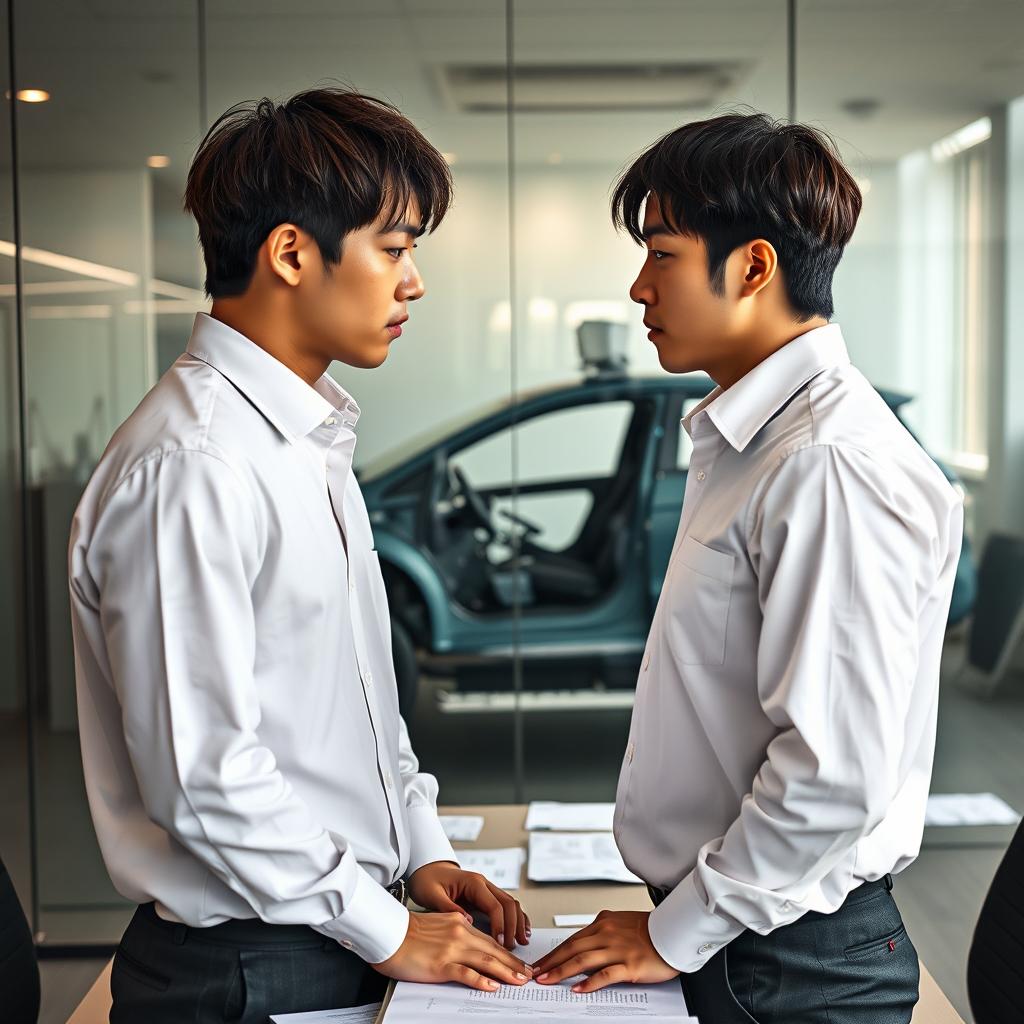 Two Korean men standing upright, facing each other with their hands resting on an office desk