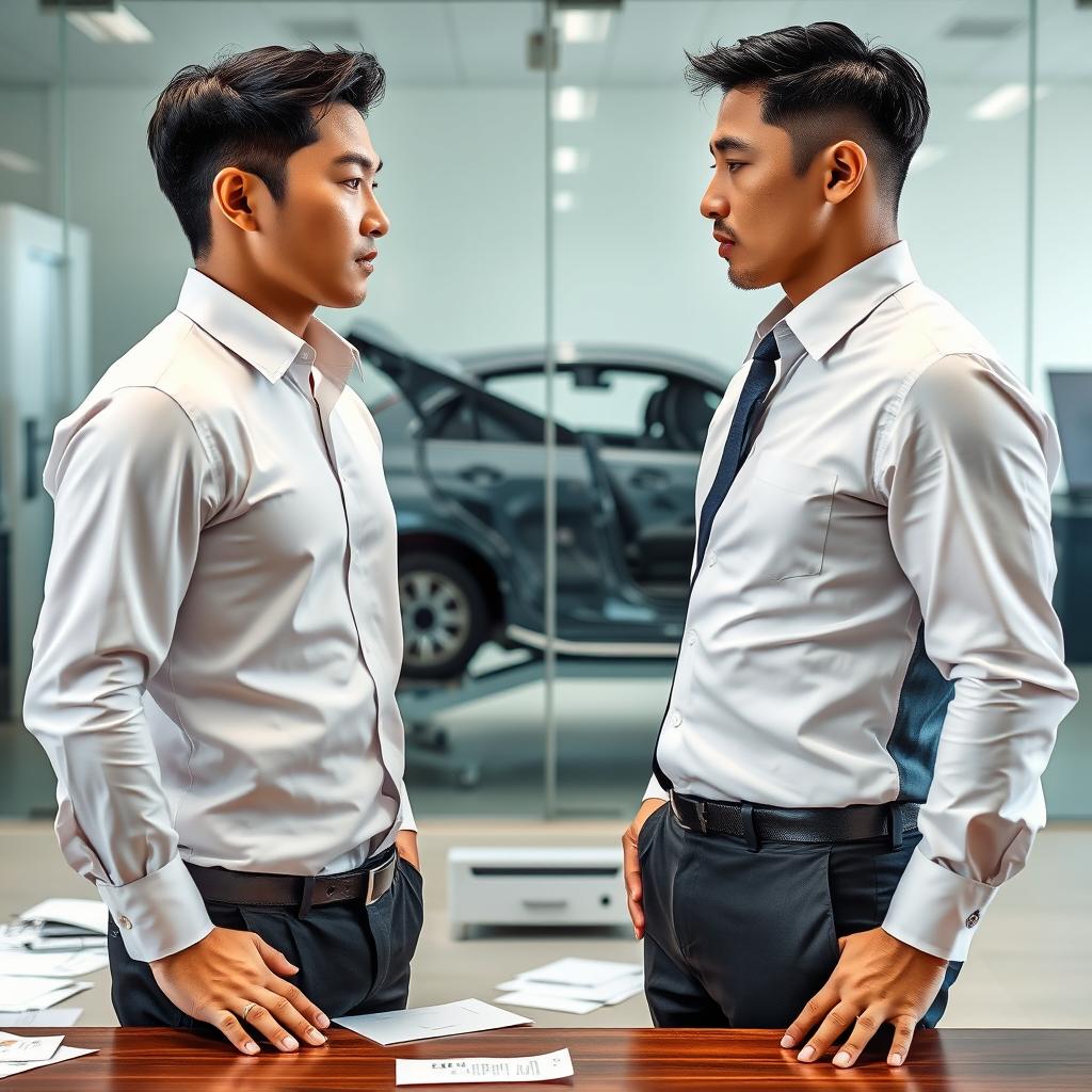 Two Korean men standing facing each other, both with their hands resting on an office desk
