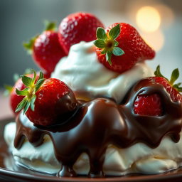 A delicious yogurt ice cream topped with fresh red strawberries, beautifully submerged in rich dark chocolate