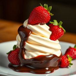 A delicious yogurt ice cream topped with fresh red strawberries, beautifully submerged in rich dark chocolate