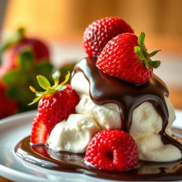 A delicious yogurt ice cream topped with fresh red strawberries, beautifully submerged in rich dark chocolate